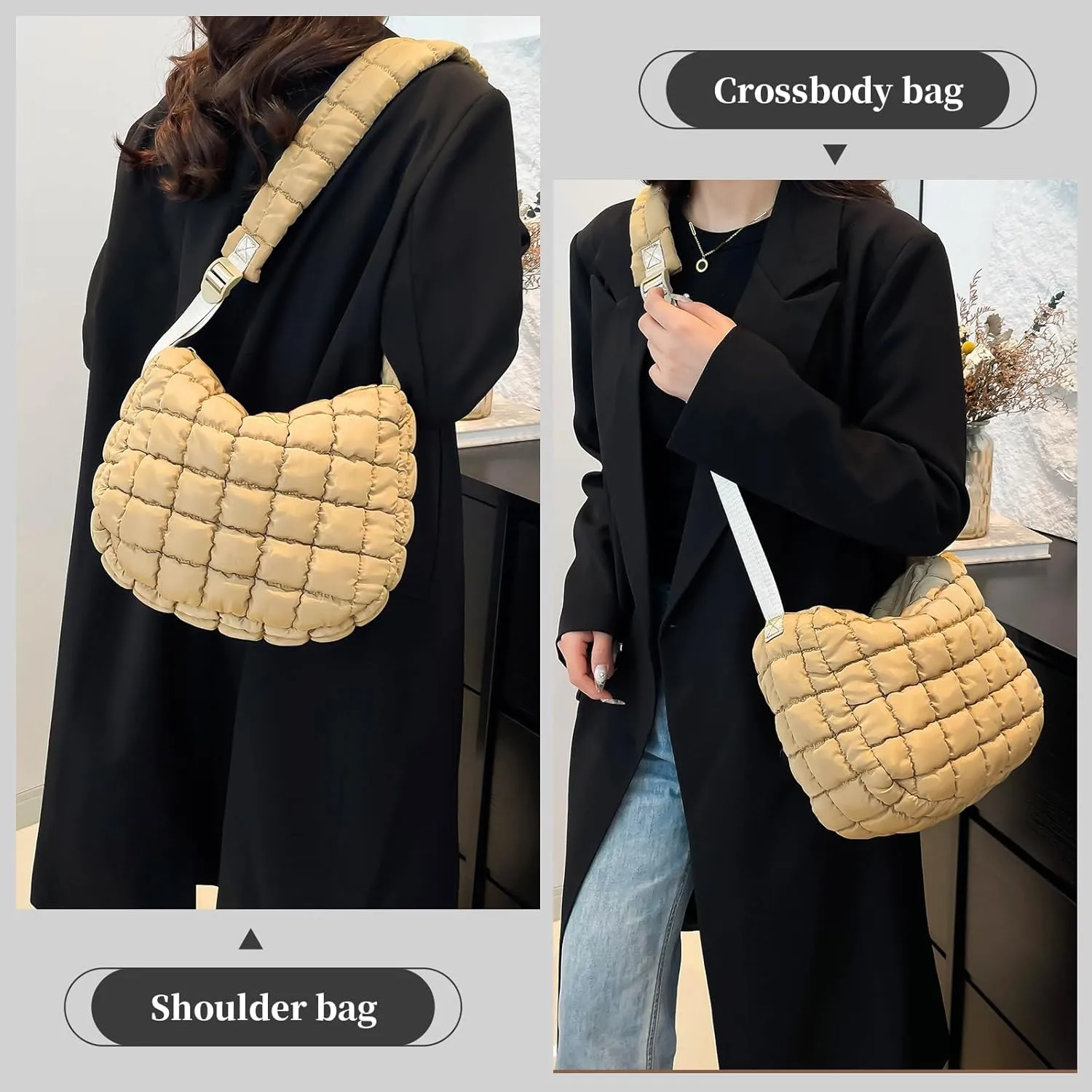 I IHAYNER Puffer Tote Bag for Women Lightweight Quilted Padding Hobo Bag Large Soft Puffy Crossbody Shoulder Bag Purse