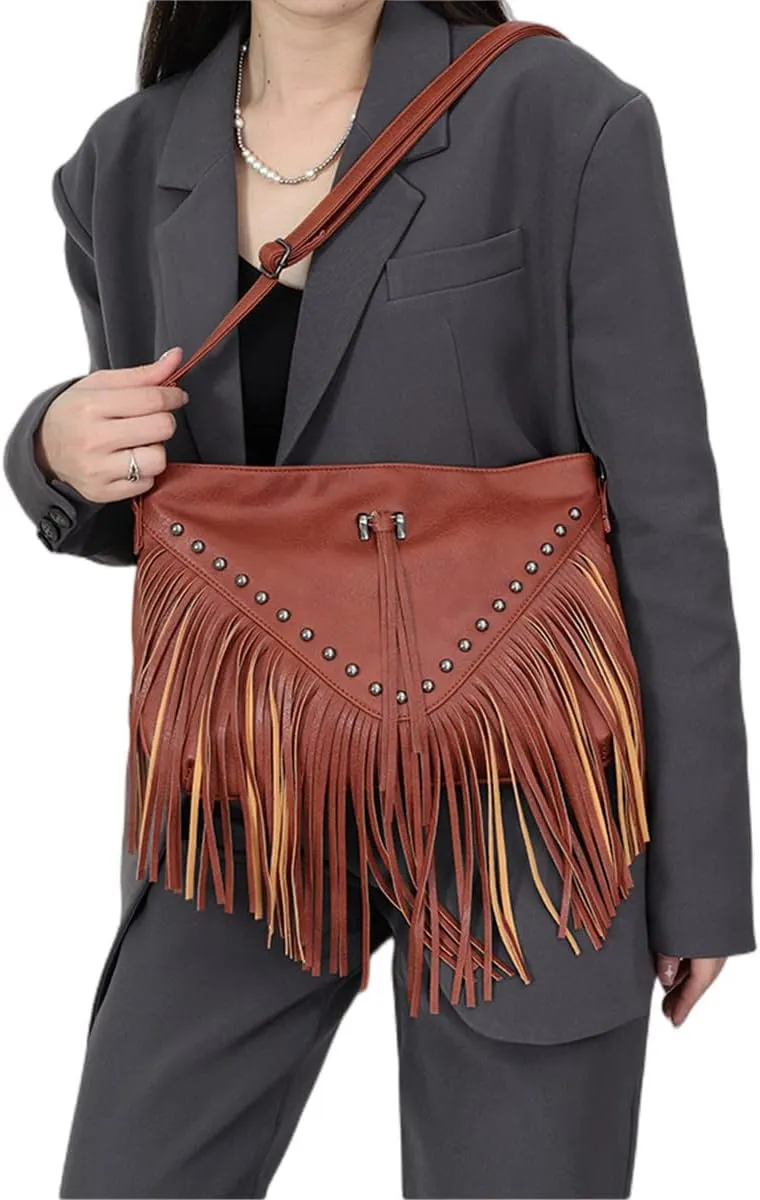 IAMUHI Casual Rivets Fringed Shoulder Handbag for Women,Soft Vegan Leather Hippie Crossbody Purse Bag Hobo Bag