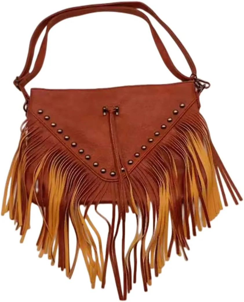 IAMUHI Casual Rivets Fringed Shoulder Handbag for Women,Soft Vegan Leather Hippie Crossbody Purse Bag Hobo Bag