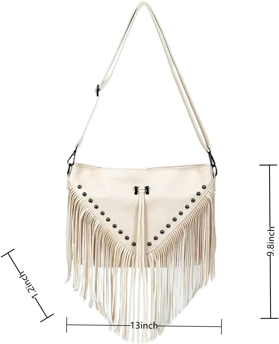 IAMUHI Casual Rivets Fringed Shoulder Handbag for Women,Soft Vegan Leather Hippie Crossbody Purse Bag Hobo Bag