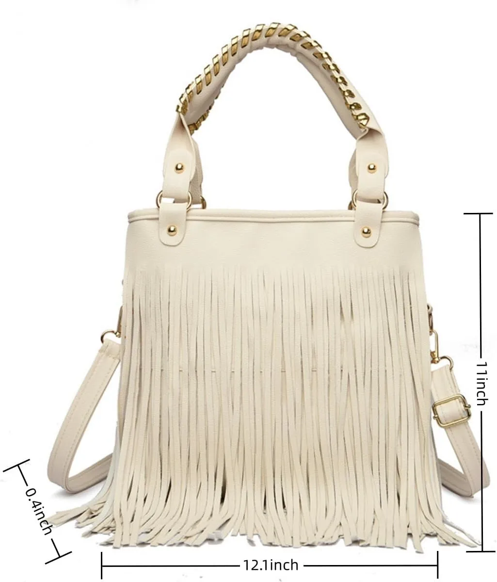 IAMUHI Casual Rivets Fringed Shoulder Handbag for Women,Soft Vegan Leather Hippie Crossbody Purse Bag Hobo Bag