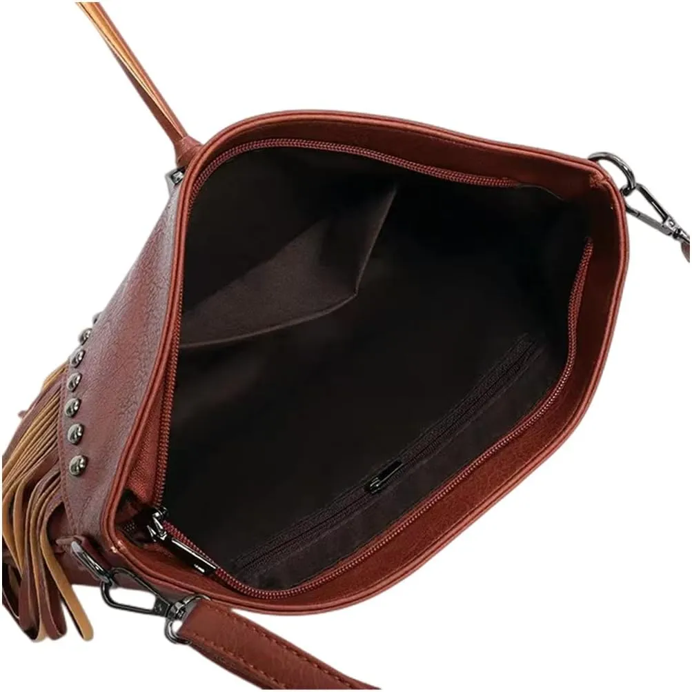 IAMUHI Casual Rivets Fringed Shoulder Handbag for Women,Soft Vegan Leather Hippie Crossbody Purse Bag Hobo Bag