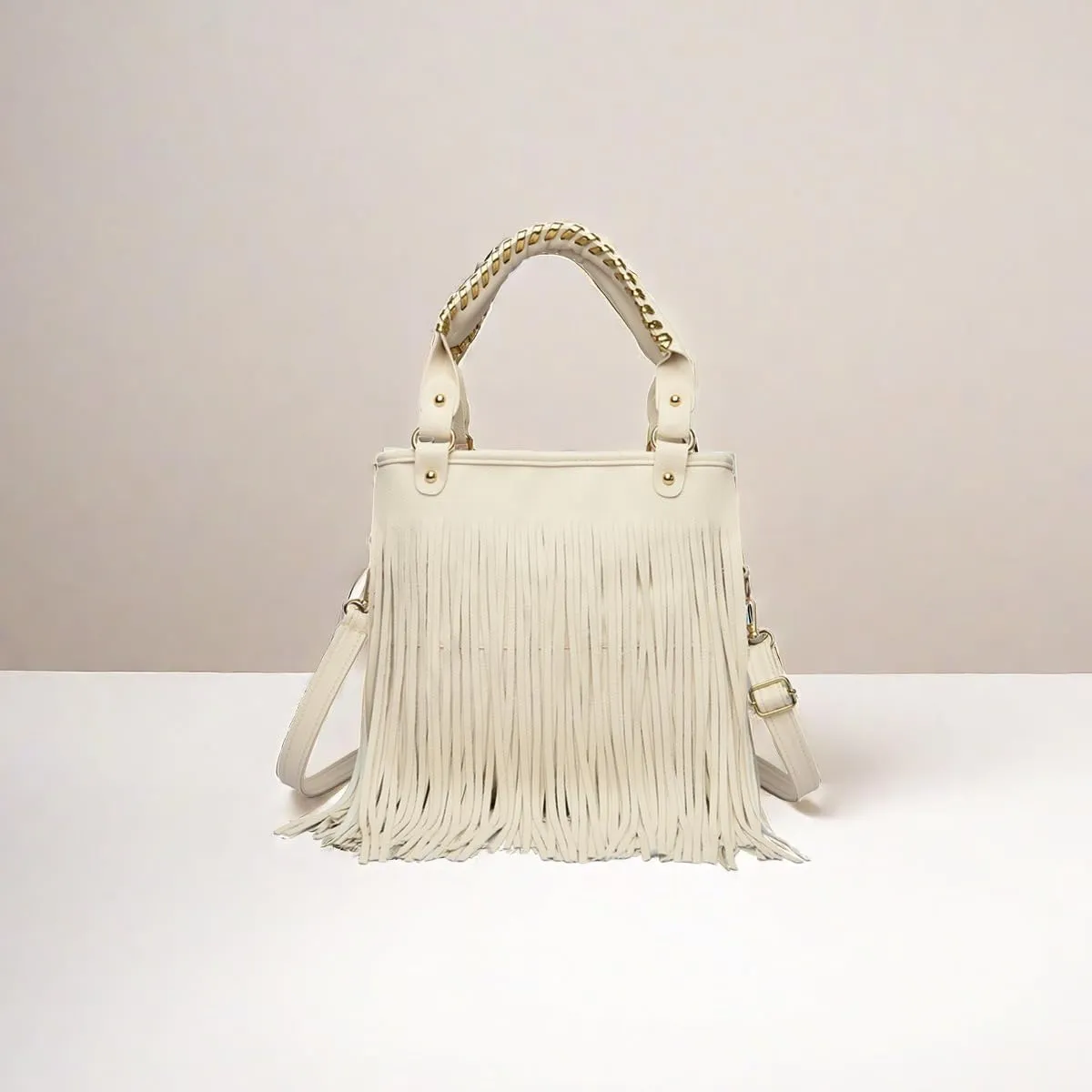 IAMUHI Casual Rivets Fringed Shoulder Handbag for Women,Soft Vegan Leather Hippie Crossbody Purse Bag Hobo Bag