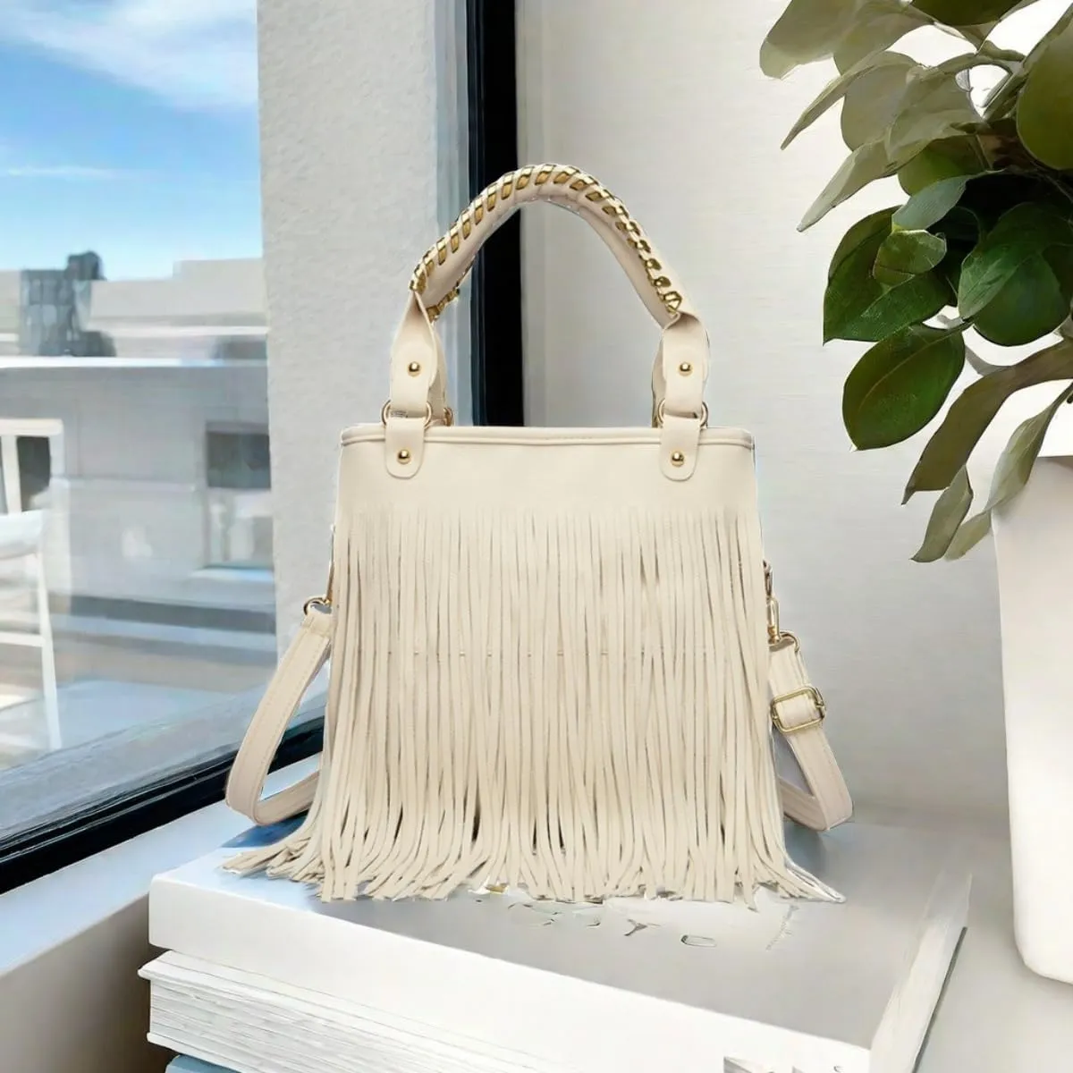 IAMUHI Casual Rivets Fringed Shoulder Handbag for Women,Soft Vegan Leather Hippie Crossbody Purse Bag Hobo Bag