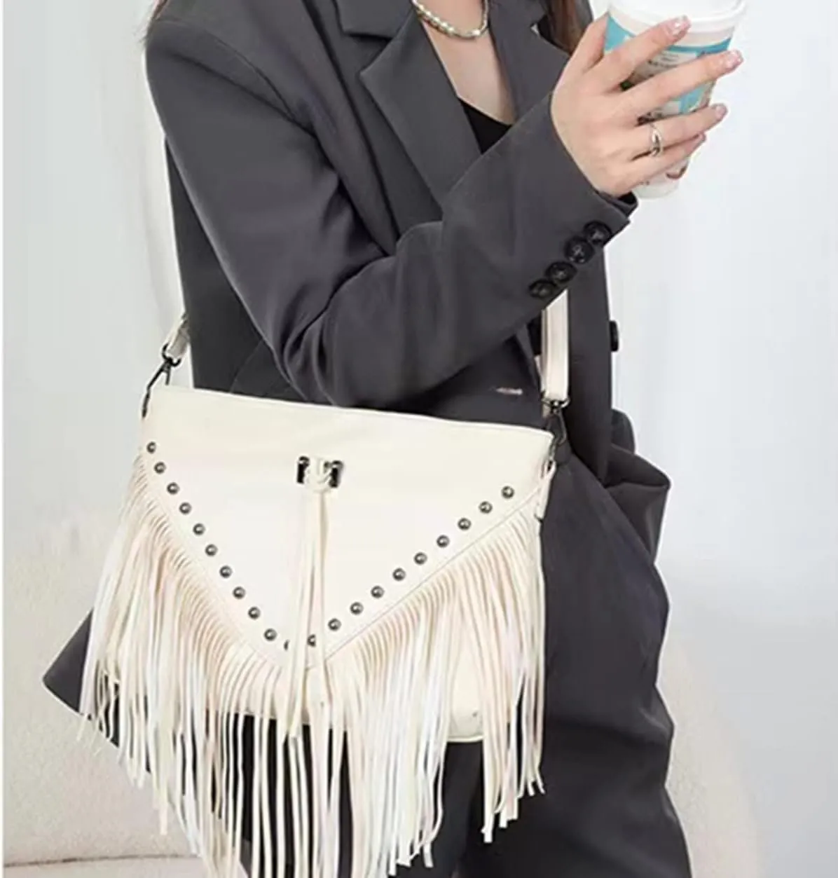 IAMUHI Casual Rivets Fringed Shoulder Handbag for Women,Soft Vegan Leather Hippie Crossbody Purse Bag Hobo Bag