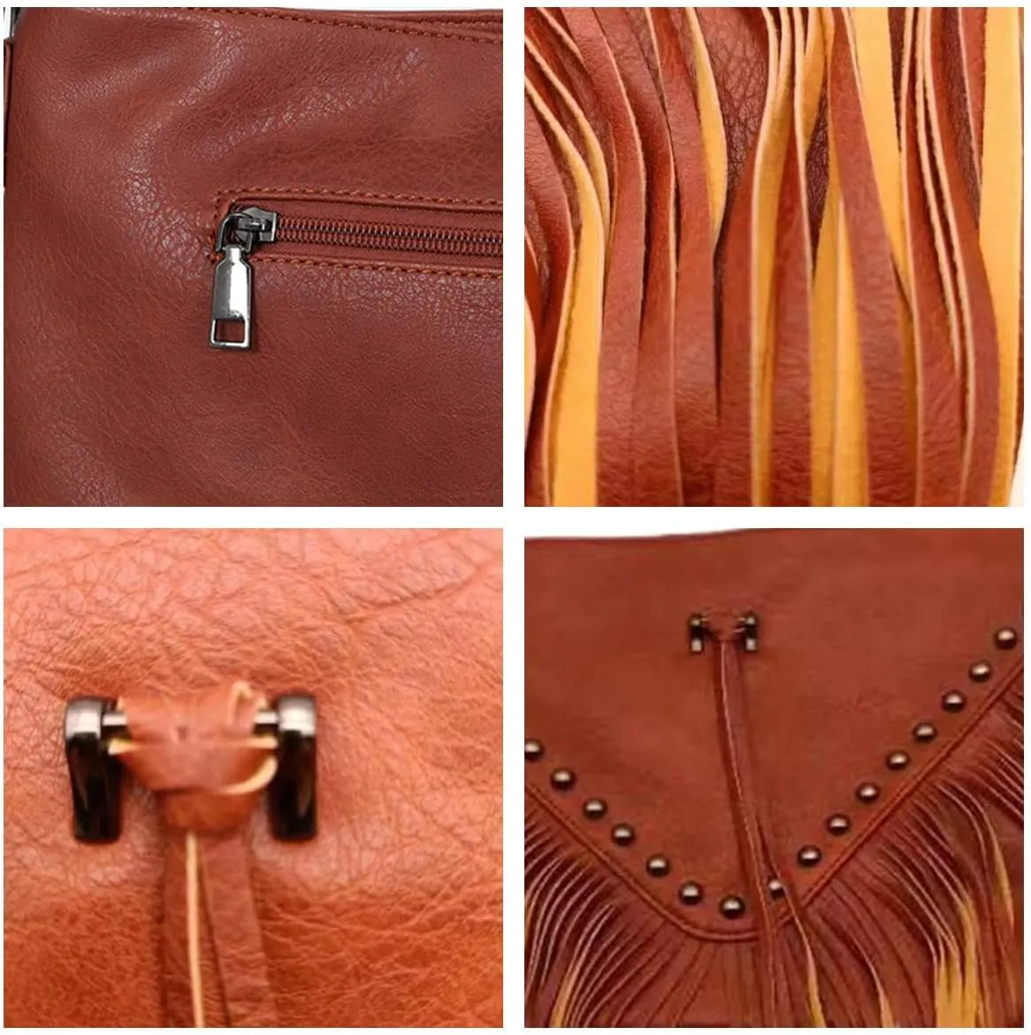 IAMUHI Casual Rivets Fringed Shoulder Handbag for Women,Soft Vegan Leather Hippie Crossbody Purse Bag Hobo Bag