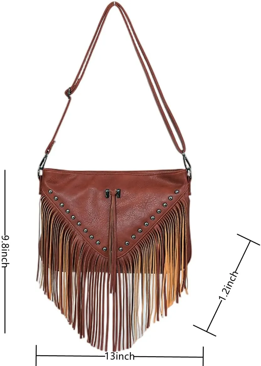 IAMUHI Casual Rivets Fringed Shoulder Handbag for Women,Soft Vegan Leather Hippie Crossbody Purse Bag Hobo Bag