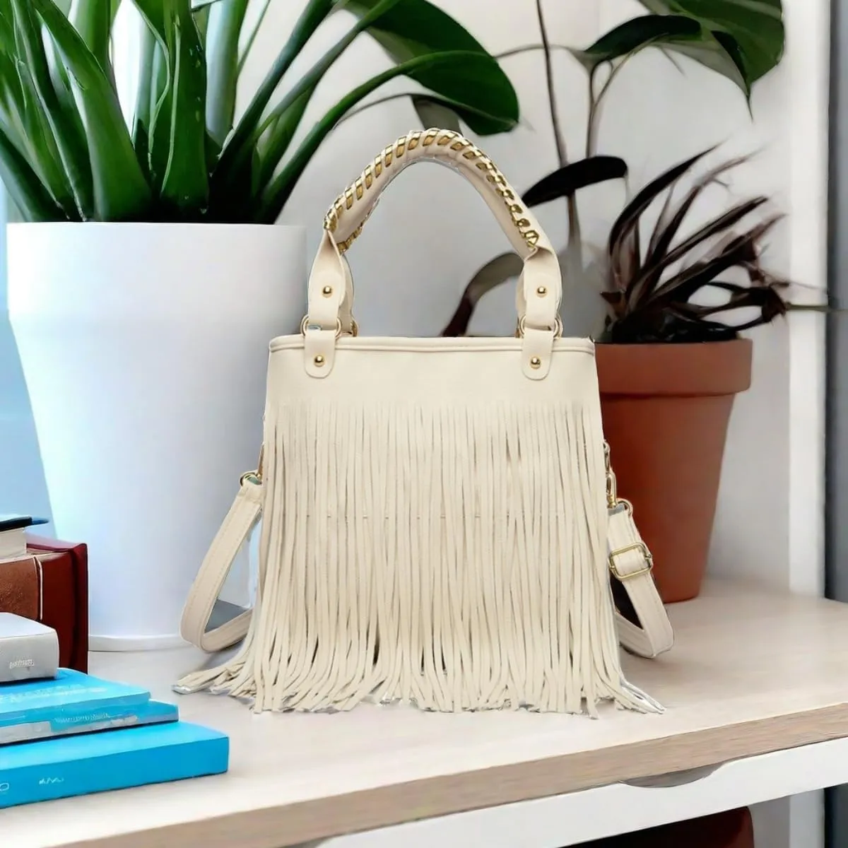 IAMUHI Casual Rivets Fringed Shoulder Handbag for Women,Soft Vegan Leather Hippie Crossbody Purse Bag Hobo Bag