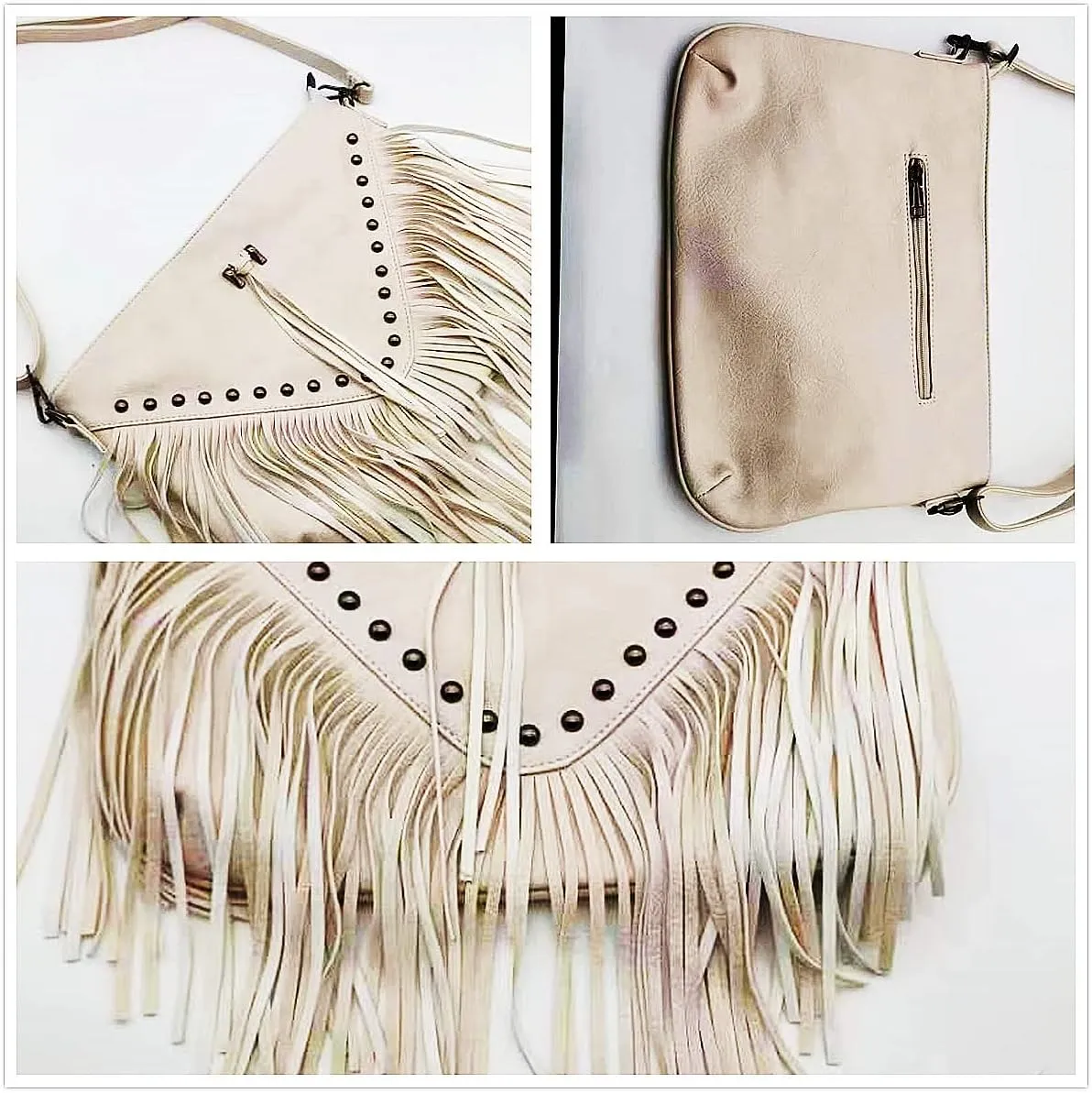 IAMUHI Casual Rivets Fringed Shoulder Handbag for Women,Soft Vegan Leather Hippie Crossbody Purse Bag Hobo Bag