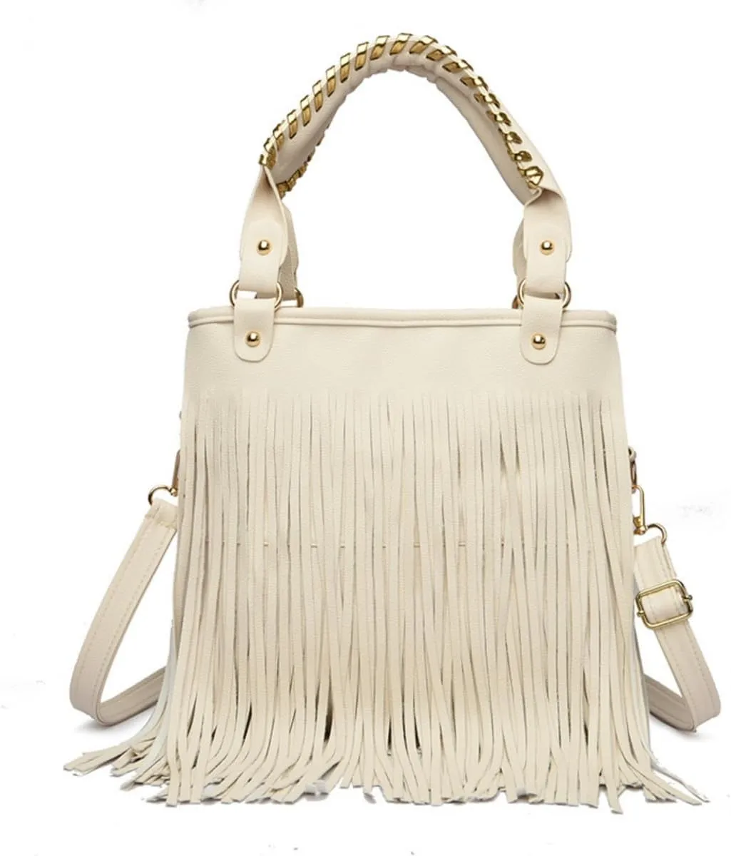 IAMUHI Casual Rivets Fringed Shoulder Handbag for Women,Soft Vegan Leather Hippie Crossbody Purse Bag Hobo Bag