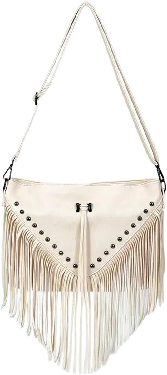 IAMUHI Casual Rivets Fringed Shoulder Handbag for Women,Soft Vegan Leather Hippie Crossbody Purse Bag Hobo Bag