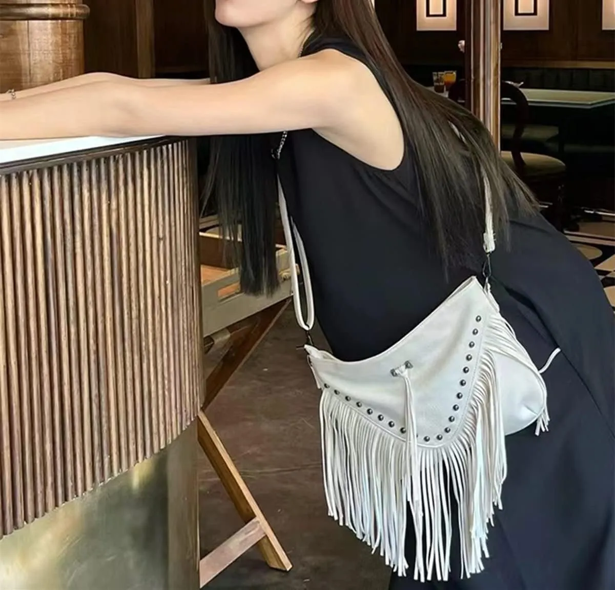 IAMUHI Casual Rivets Fringed Shoulder Handbag for Women,Soft Vegan Leather Hippie Crossbody Purse Bag Hobo Bag