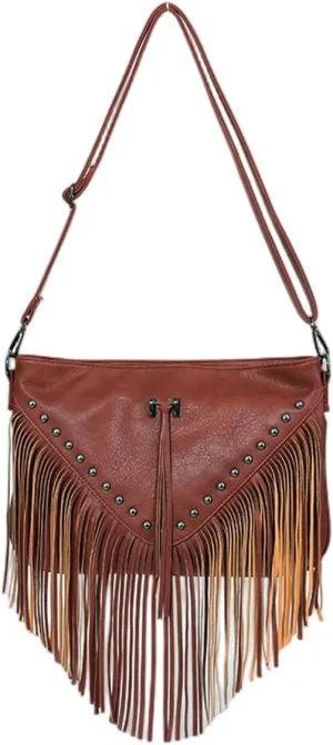 IAMUHI Casual Rivets Fringed Shoulder Handbag for Women,Soft Vegan Leather Hippie Crossbody Purse Bag Hobo Bag
