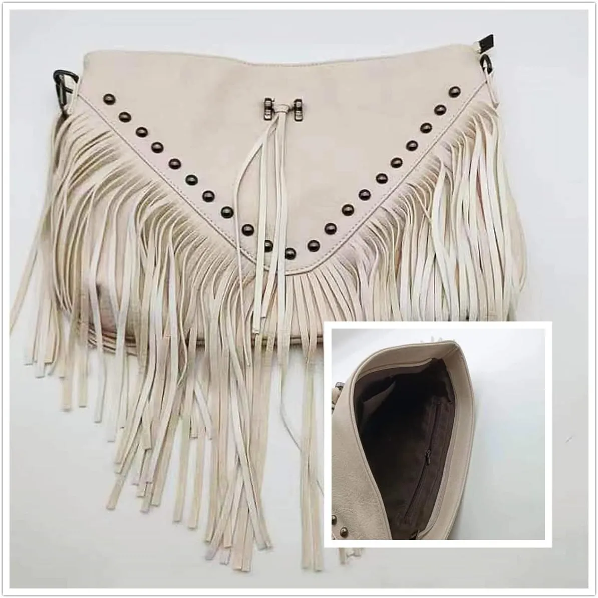 IAMUHI Casual Rivets Fringed Shoulder Handbag for Women,Soft Vegan Leather Hippie Crossbody Purse Bag Hobo Bag