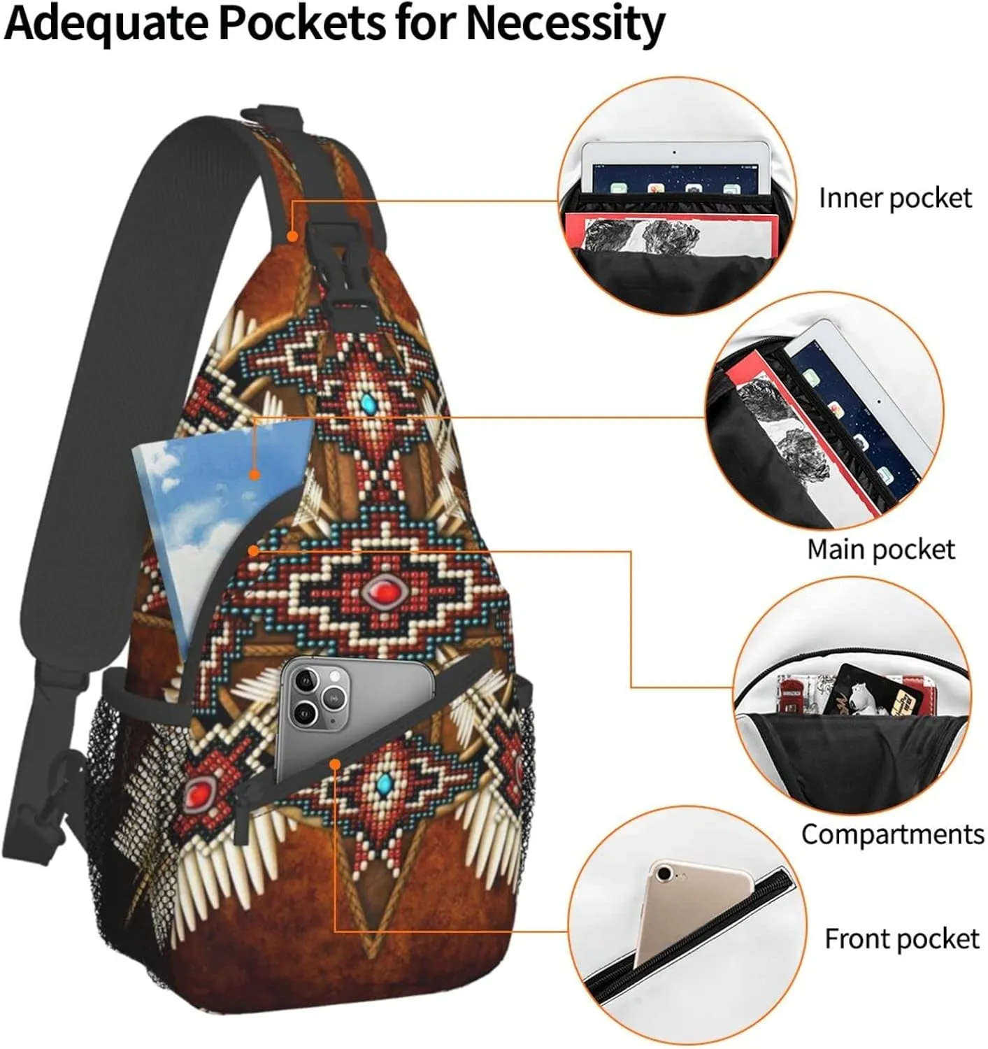 Indian Native American Sling Backpack,Travel Hiking Daypack Crossbody Shoulder Bag for Men Women