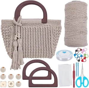 INFUNLY DIY Crochet Bag Kit for Beginners Adults Tote Bag Crochet Set with Step-by-Step Video Tutorials Bag Crochet Starter Kit with Tassels Wooden Handle Crochet Handbag Kit for Women DIY Kit Gifts