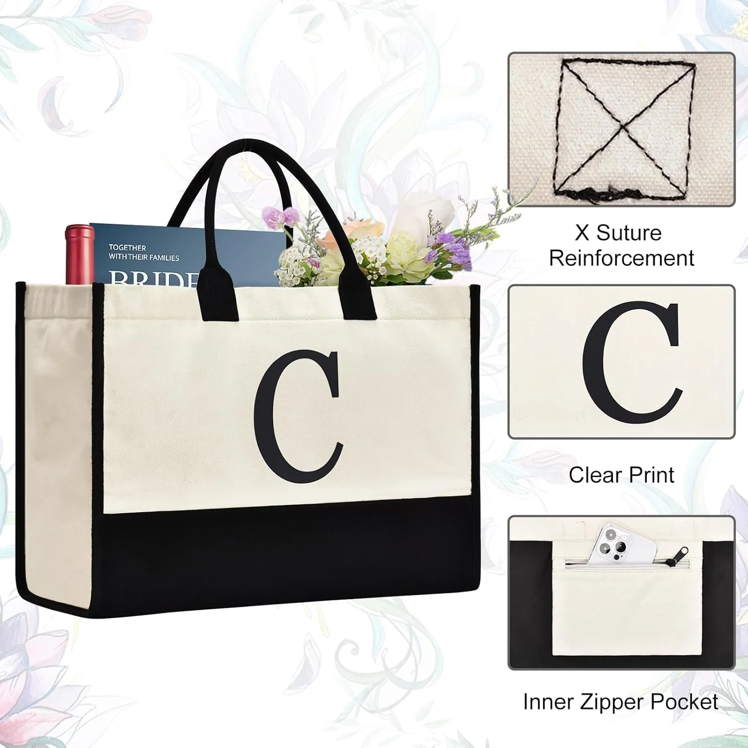 Initial Canvas Tote Bag Birthdays Gift for Women Mom Teacher Friend Bridesmaid,Custom for Wedding Beach Holidays