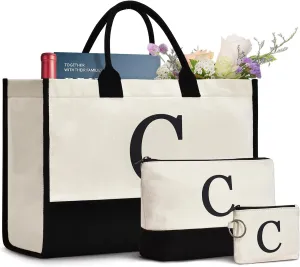 Initial Canvas Tote Bag Birthdays Gift for Women Mom Teacher Friend Bridesmaid,Custom for Wedding Beach Holidays