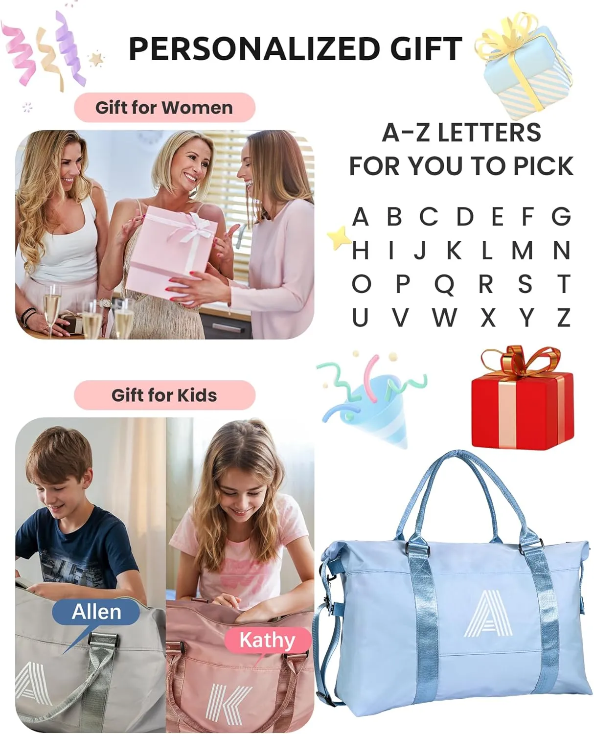 Initial Travel Duffel Bag, Sports Gym Bag, Personalized Weekender Bag with Shoulder Strap, Graduation Gift Monogram Overnight Bag for Women with Trolley Sleeve & Wet Pocket, Light Blue