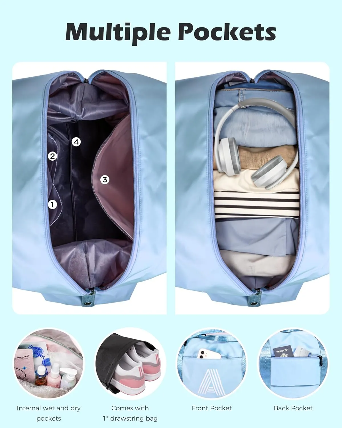 Initial Travel Duffel Bag, Sports Gym Bag, Personalized Weekender Bag with Shoulder Strap, Graduation Gift Monogram Overnight Bag for Women with Trolley Sleeve & Wet Pocket, Light Blue