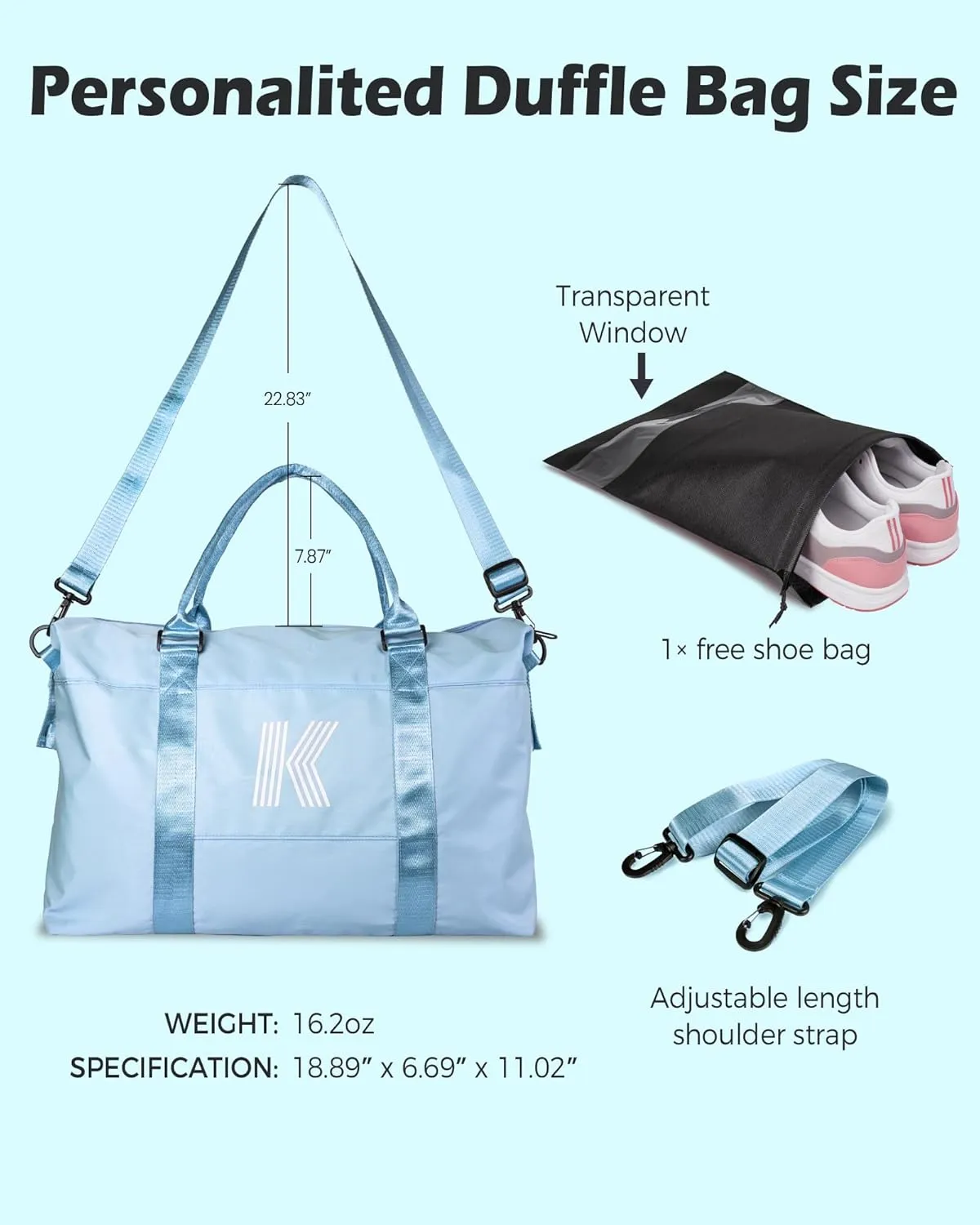 Initial Travel Duffel Bag, Sports Gym Bag, Personalized Weekender Bag with Shoulder Strap, Graduation Gift Monogram Overnight Bag for Women with Trolley Sleeve & Wet Pocket, Light Blue