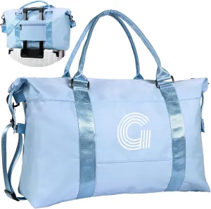 Initial Travel Duffel Bag, Sports Gym Bag, Personalized Weekender Bag with Shoulder Strap, Graduation Gift Monogram Overnight Bag for Women with Trolley Sleeve & Wet Pocket, Light Blue
