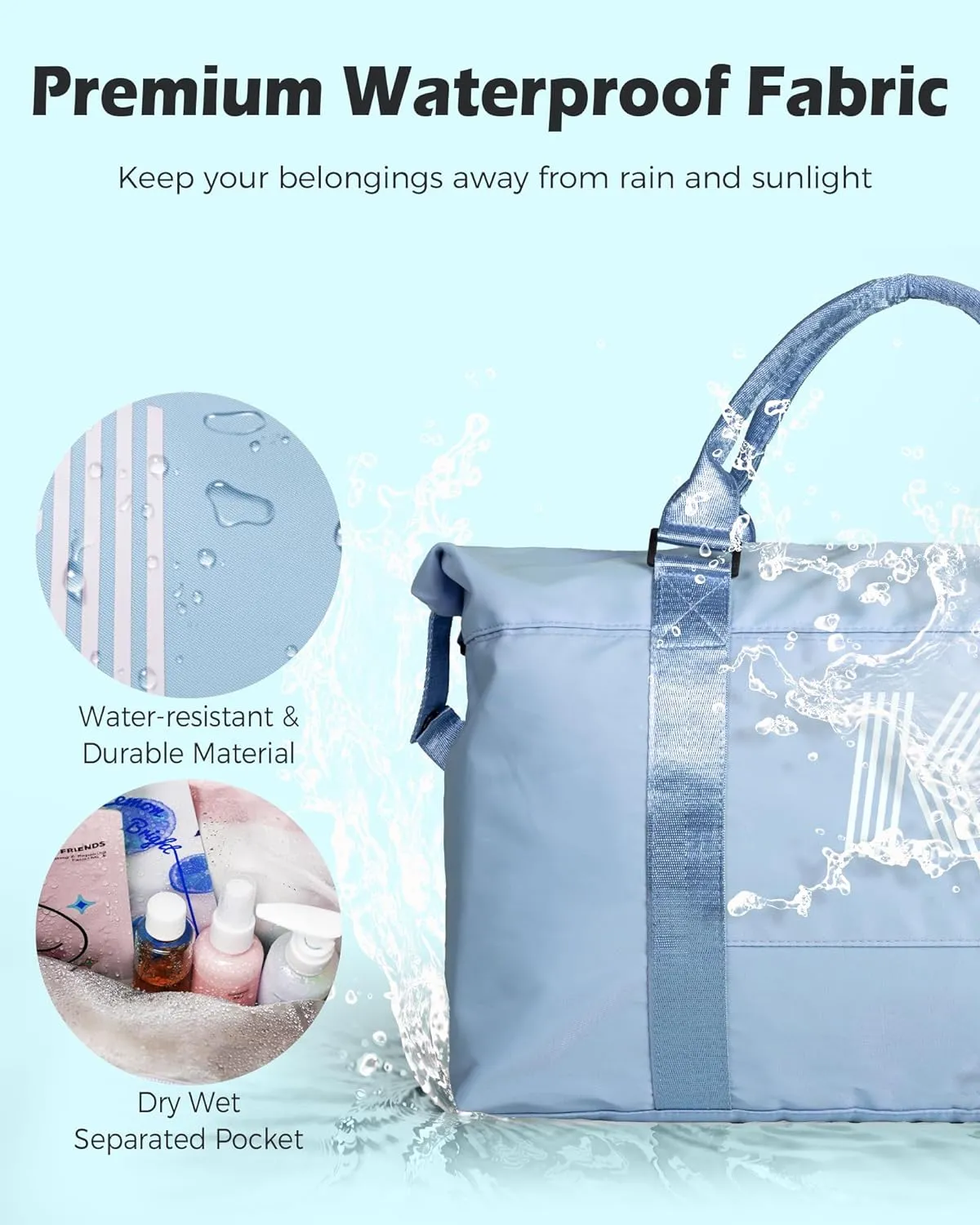 Initial Travel Duffel Bag, Sports Gym Bag, Personalized Weekender Bag with Shoulder Strap, Graduation Gift Monogram Overnight Bag for Women with Trolley Sleeve & Wet Pocket, Light Blue