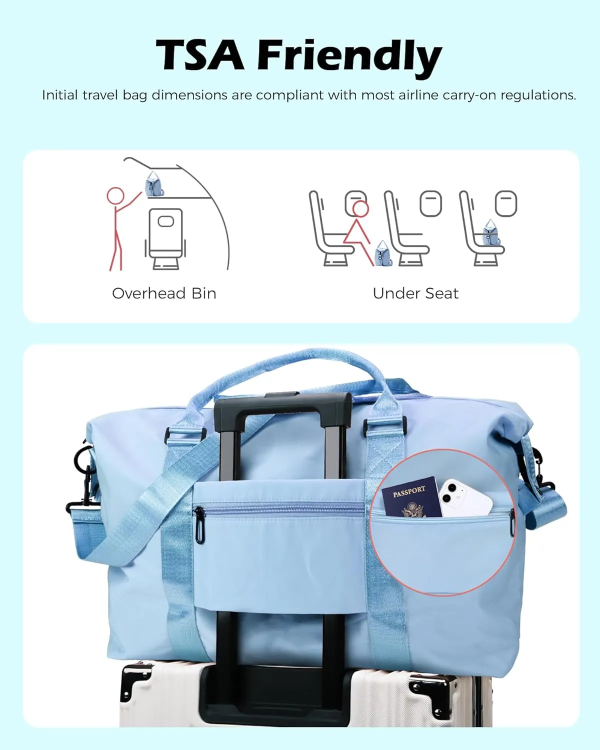 Initial Travel Duffel Bag, Sports Gym Bag, Personalized Weekender Bag with Shoulder Strap, Graduation Gift Monogram Overnight Bag for Women with Trolley Sleeve & Wet Pocket, Light Blue
