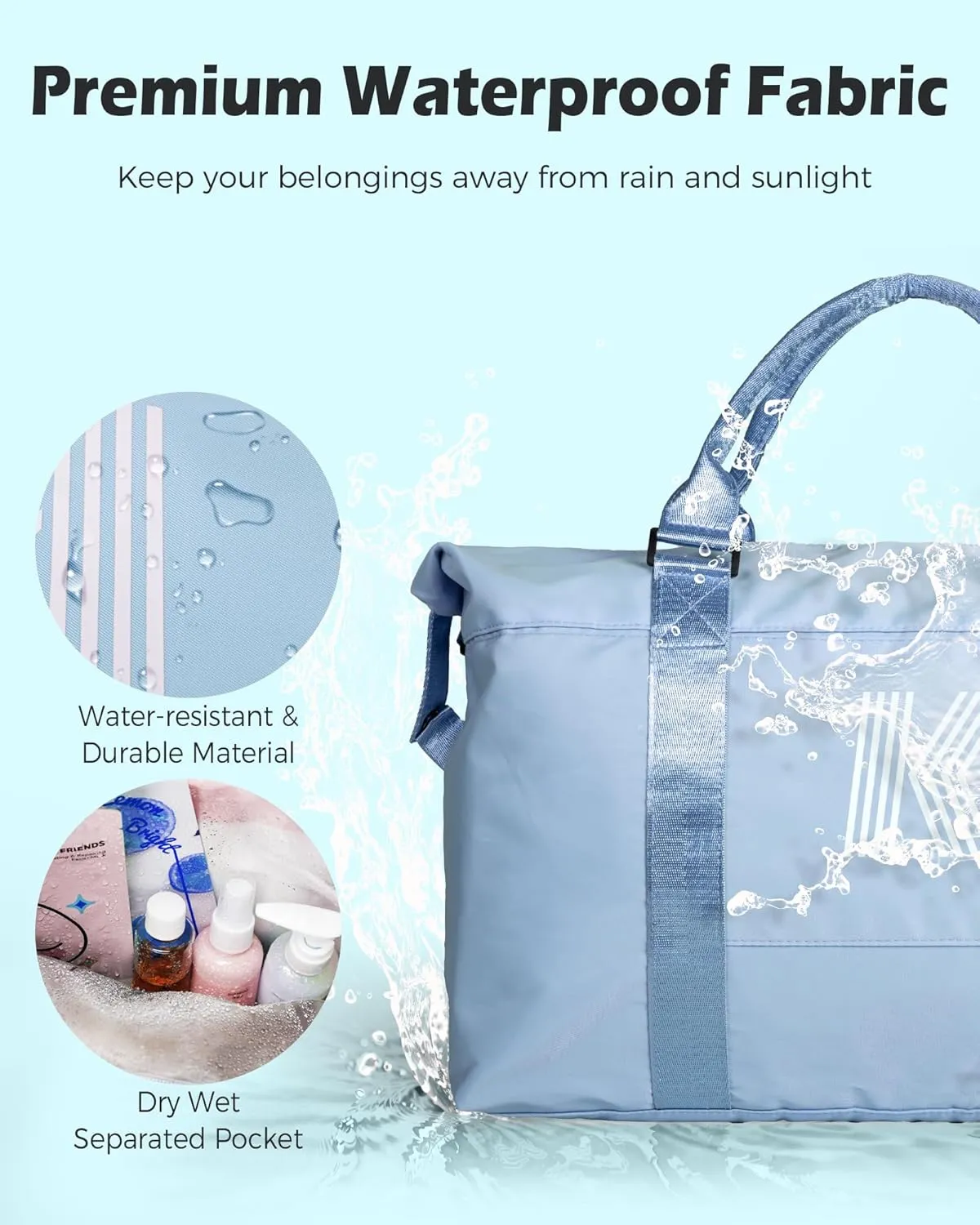 Initial Travel Duffel Bag, Sports Gym Bag, Personalized Weekender Bag with Shoulder Strap, Graduation Gift Monogram Overnight Bag for Women with Trolley Sleeve & Wet Pocket, Light Blue