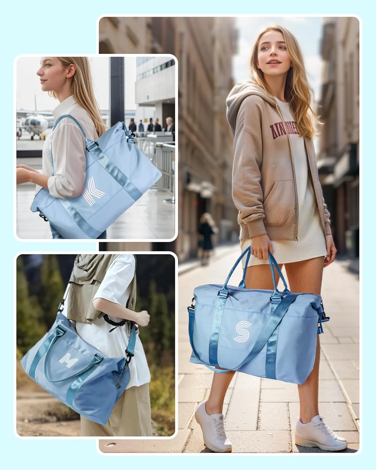 Initial Travel Duffel Bag, Sports Gym Bag, Personalized Weekender Bag with Shoulder Strap, Graduation Gift Monogram Overnight Bag for Women with Trolley Sleeve & Wet Pocket, Light Blue