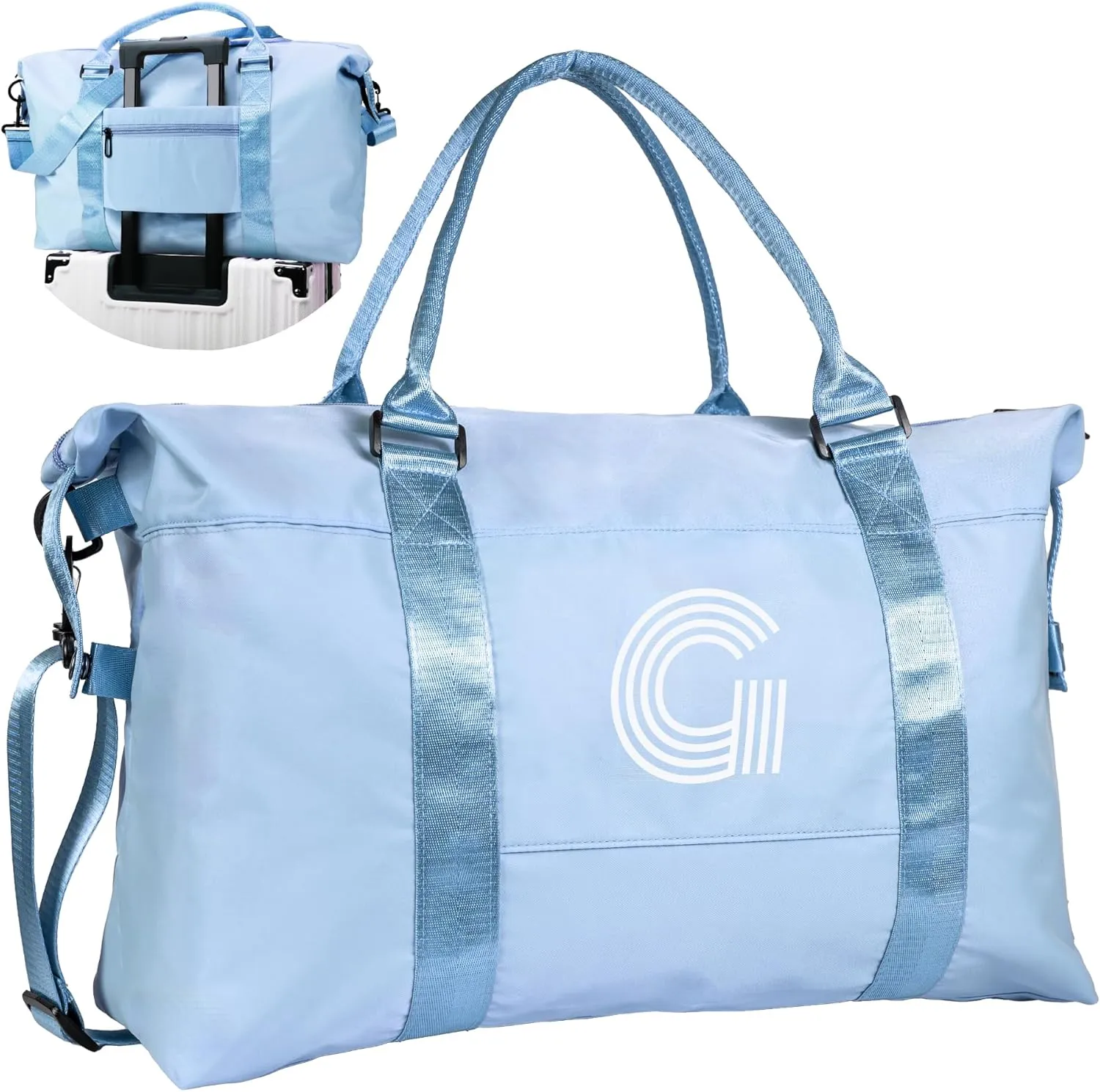 Initial Travel Duffel Bag, Sports Gym Bag, Personalized Weekender Bag with Shoulder Strap, Graduation Gift Monogram Overnight Bag for Women with Trolley Sleeve & Wet Pocket, Light Blue
