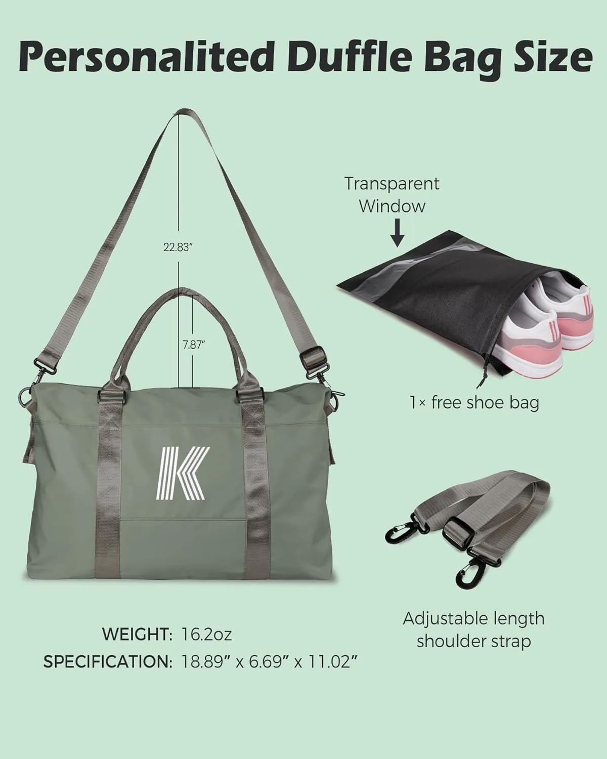 Initial Travel Duffel Bag, Sports Gym Bag, Personalized Weekender Bag with Shoulder Strap, Graduation Gift Monogram Overnight Bag for Women with Trolley Sleeve & Wet Pocket, Olive Green