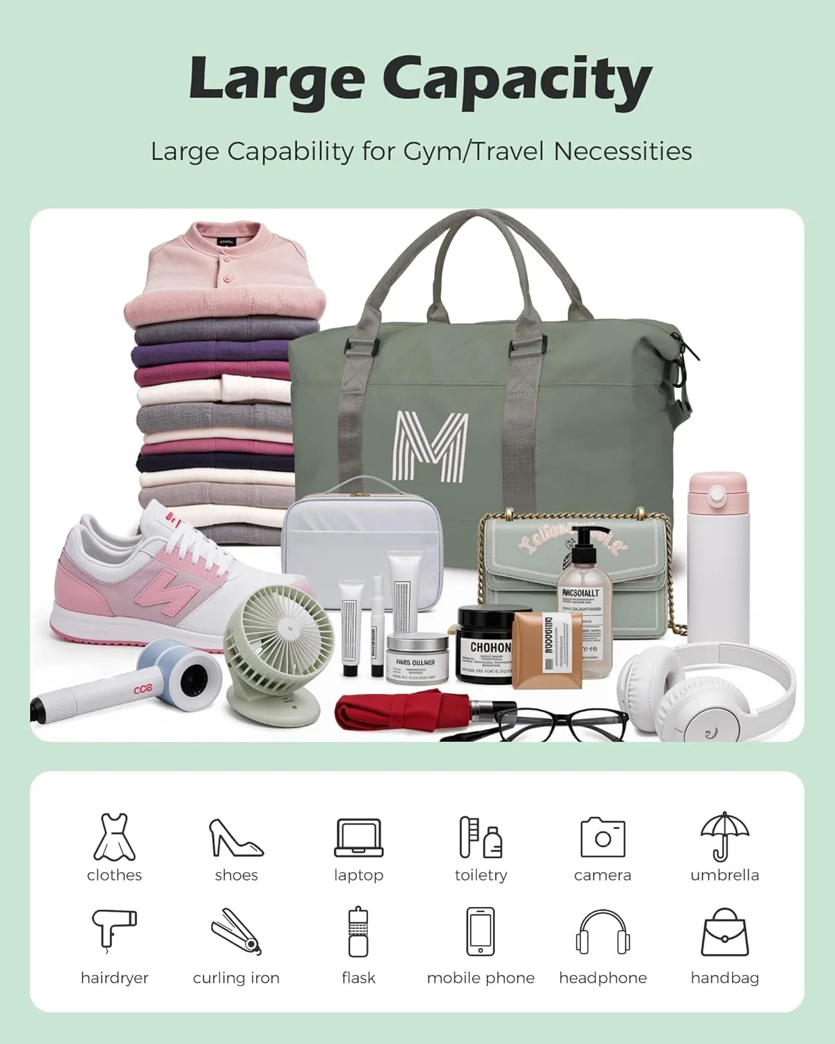 Initial Travel Duffel Bag, Sports Gym Bag, Personalized Weekender Bag with Shoulder Strap, Graduation Gift Monogram Overnight Bag for Women with Trolley Sleeve & Wet Pocket, Olive Green