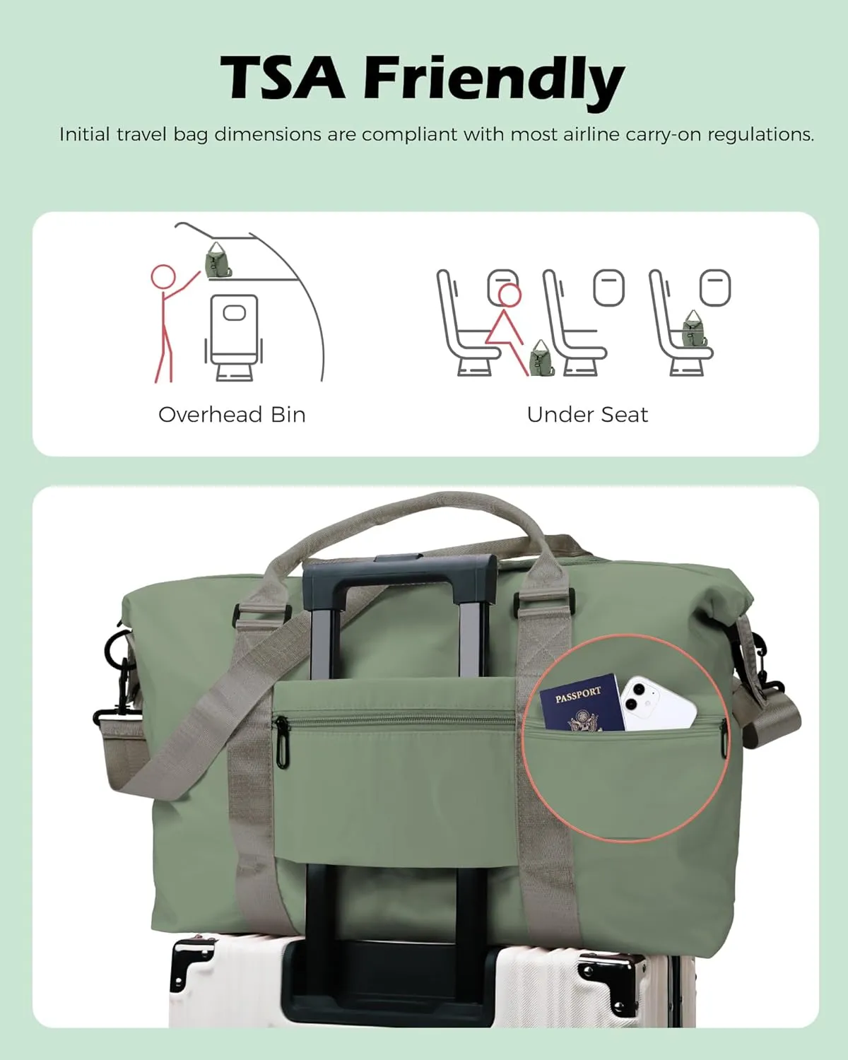Initial Travel Duffel Bag, Sports Gym Bag, Personalized Weekender Bag with Shoulder Strap, Graduation Gift Monogram Overnight Bag for Women with Trolley Sleeve & Wet Pocket, Olive Green