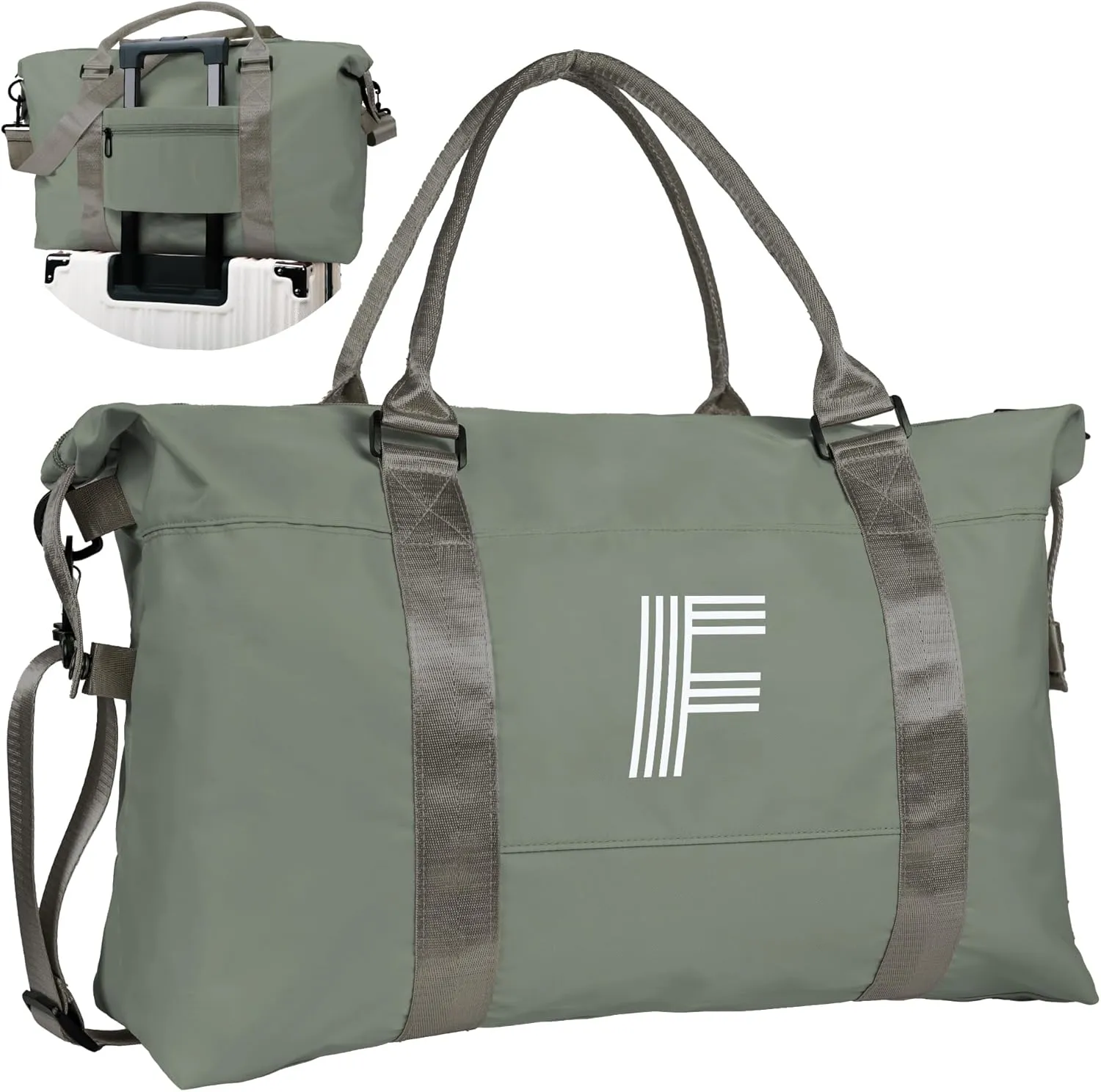 Initial Travel Duffel Bag, Sports Gym Bag, Personalized Weekender Bag with Shoulder Strap, Graduation Gift Monogram Overnight Bag for Women with Trolley Sleeve & Wet Pocket, Olive Green