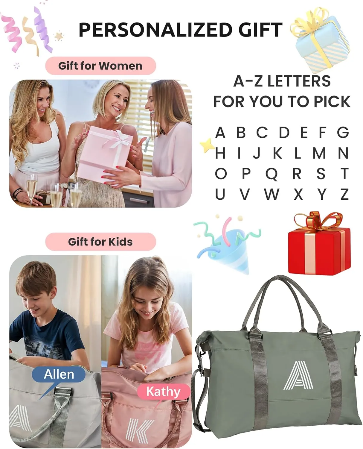 Initial Travel Duffel Bag, Sports Gym Bag, Personalized Weekender Bag with Shoulder Strap, Graduation Gift Monogram Overnight Bag for Women with Trolley Sleeve & Wet Pocket, Olive Green
