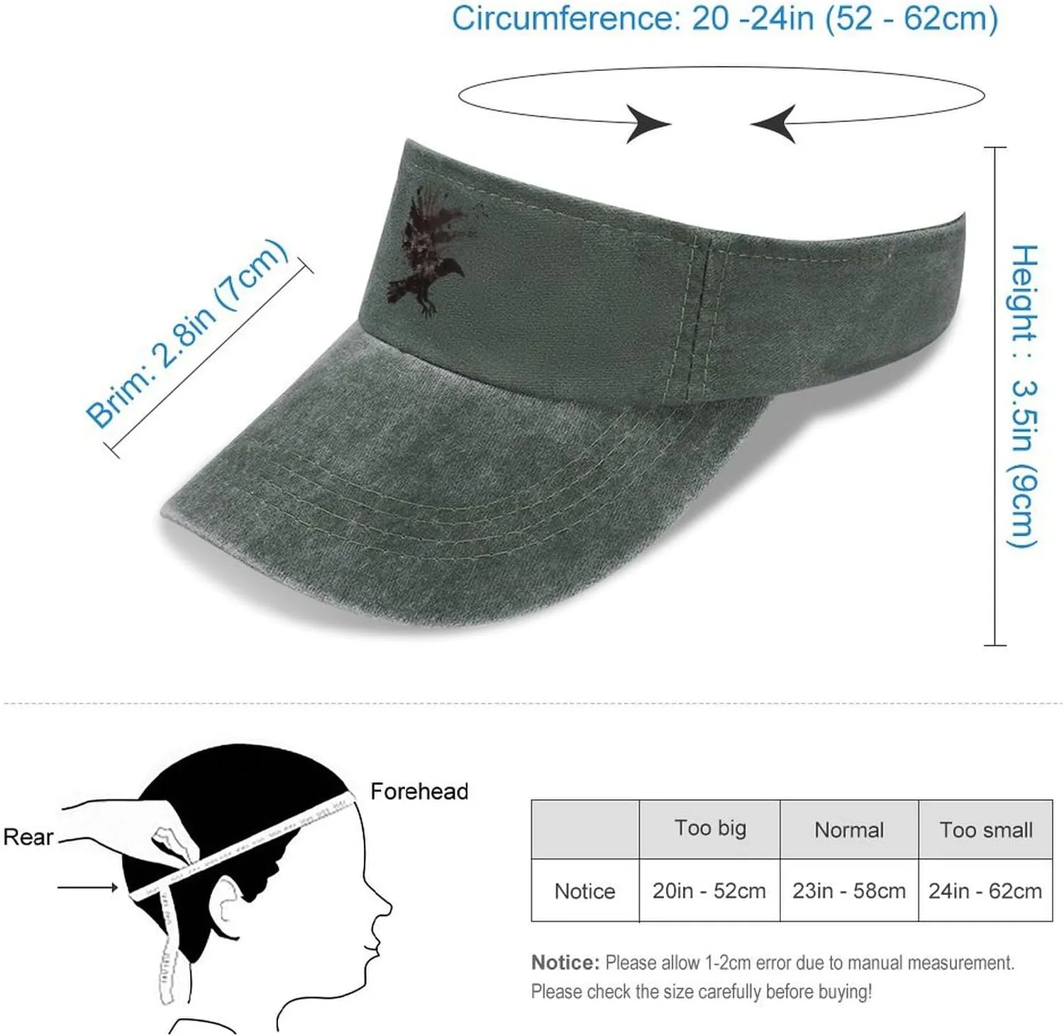 Ink Raven Unisex Sport Sun Visor Hats Adjustable Empty Top Baseball Cap Travel Cotton Denim Hat