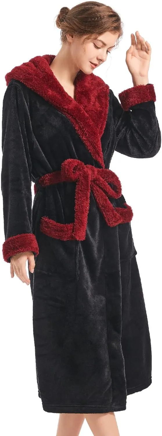 Inner Wish Women Hooded Plush Robe, Fleece Cozy Warm Bathrobe