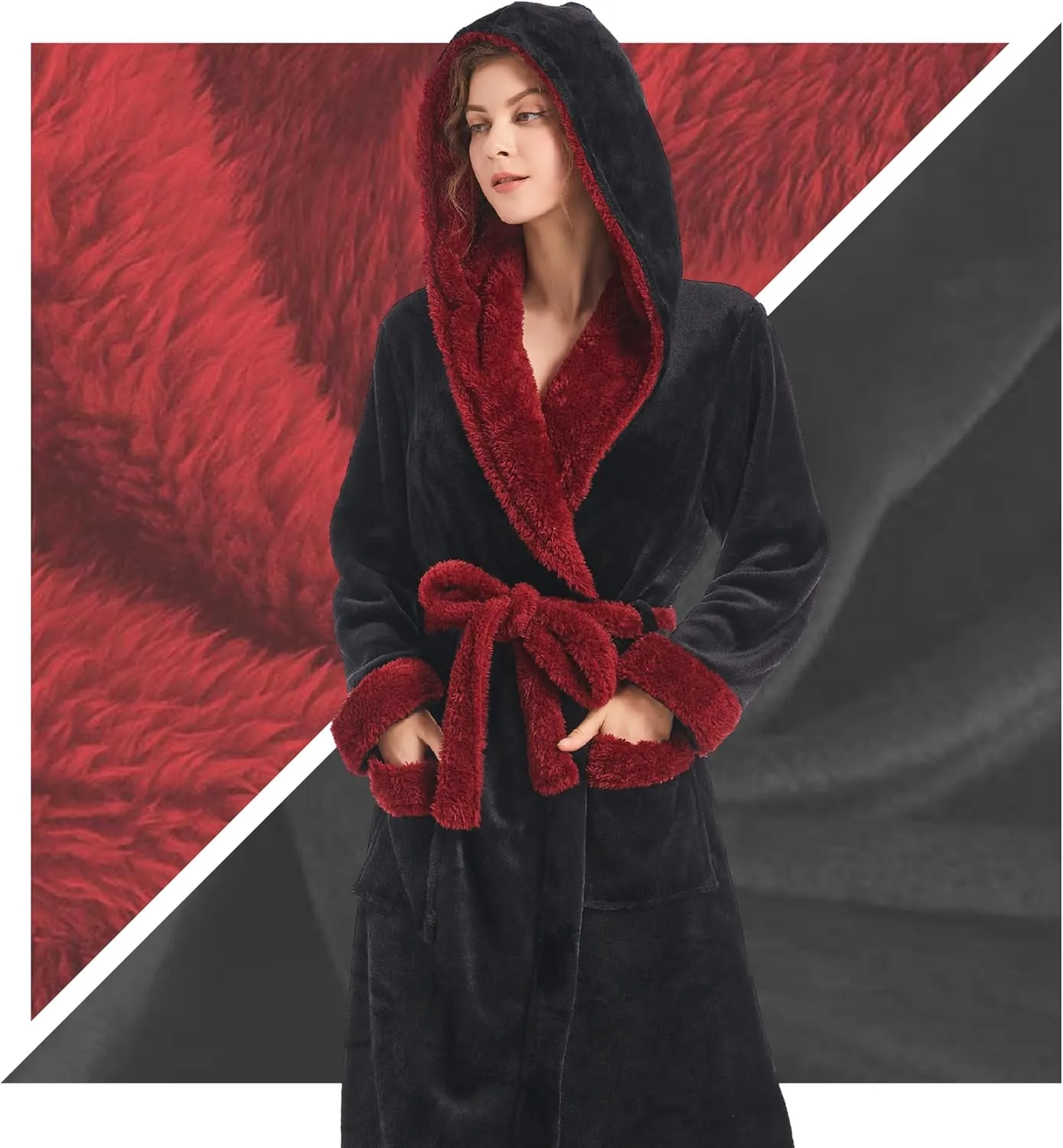 Inner Wish Women Hooded Plush Robe, Fleece Cozy Warm Bathrobe