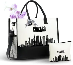 InnoBeta Chicago City Skyline Canvas Tote Bag for Women, Chicago Themed Gift with Top Zipper Closure and Adjustable Shoulder Strap, Skyline Map Gift or Birthday, Thanksgiving, Christmas