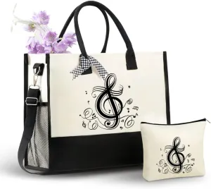 InnoBeta Music Lover Gifts for Women, Music Themed Gifts Canvas Tote Bag with Top Zipper Closure, Cool Music Gifts for Musician, Musical Lovers or Music Teacher on Christmas， Birthday - Treble