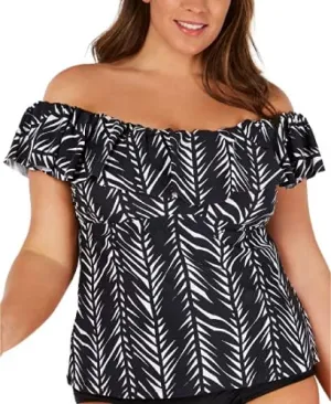 Island Escape Coastline Black Plus Size La Flor Tankini Swim Top, US 20W