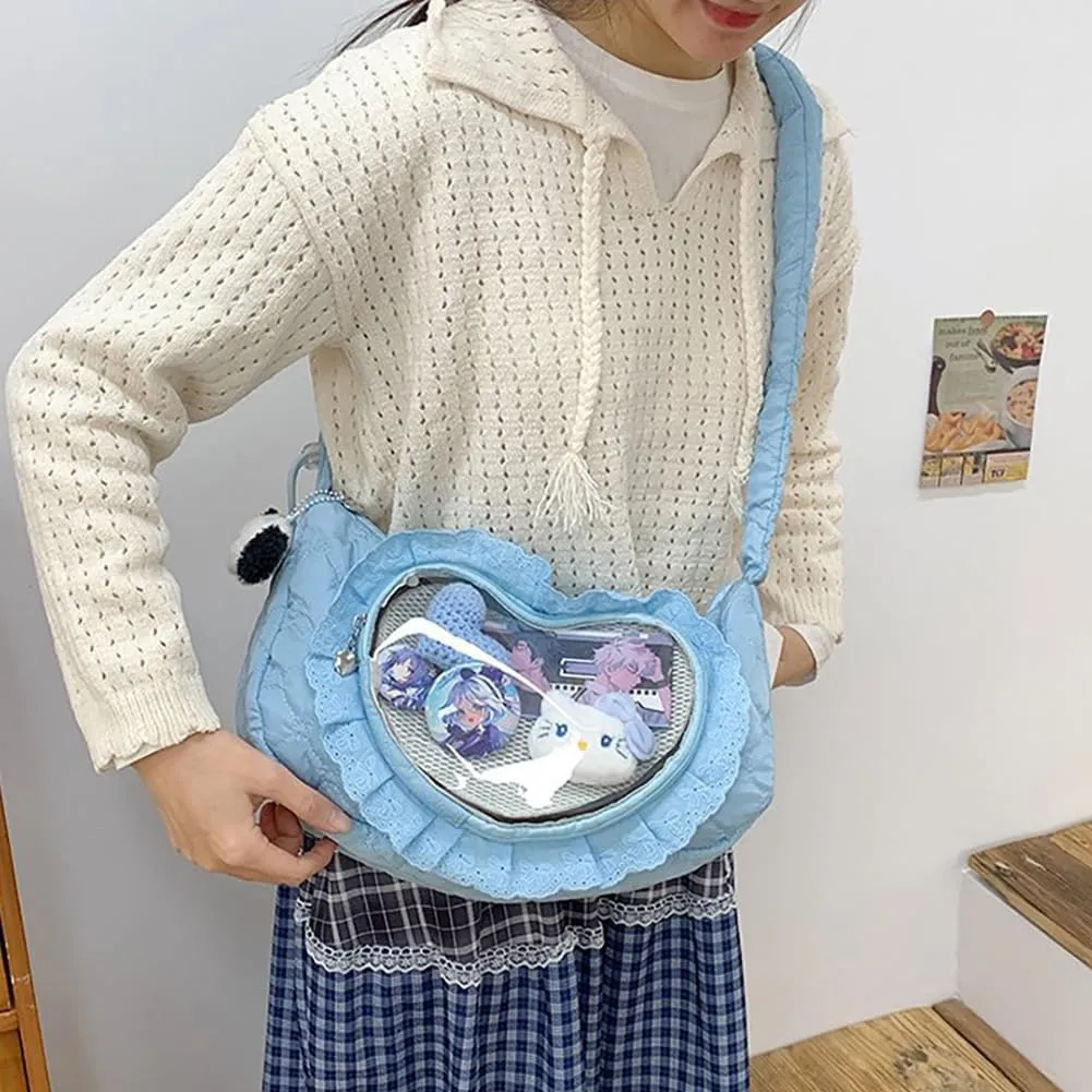 Ita Bag Dumpling Shaped Love Lace Shoulder Bag, Japanese Cute Quilted Satchel Drawstring Crossbody Purse, Clear Window Tote