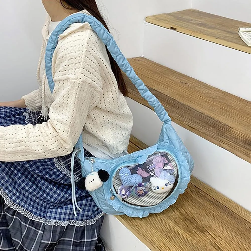 Ita Bag Dumpling Shaped Love Lace Shoulder Bag, Japanese Cute Quilted Satchel Drawstring Crossbody Purse, Clear Window Tote