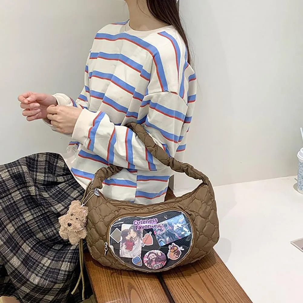 Ita Bag Dumpling Shaped Love Lace Shoulder Bag, Japanese Cute Quilted Satchel Drawstring Crossbody Purse, Clear Window Tote