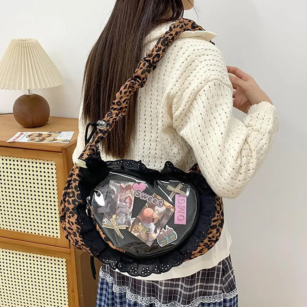 Ita Bag Dumpling Shaped Love Lace Shoulder Bag, Japanese Cute Quilted Satchel Drawstring Crossbody Purse, Clear Window Tote