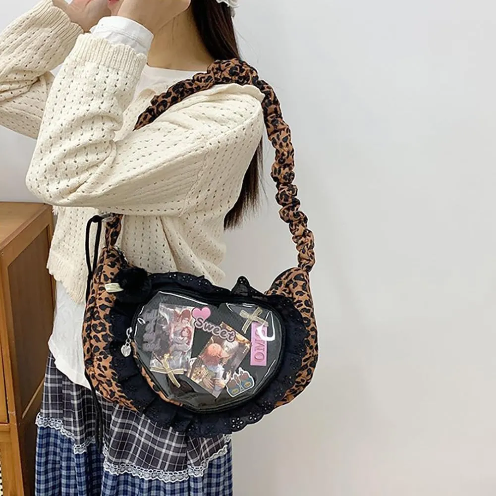 Ita Bag Dumpling Shaped Love Lace Shoulder Bag, Japanese Cute Quilted Satchel Drawstring Crossbody Purse, Clear Window Tote