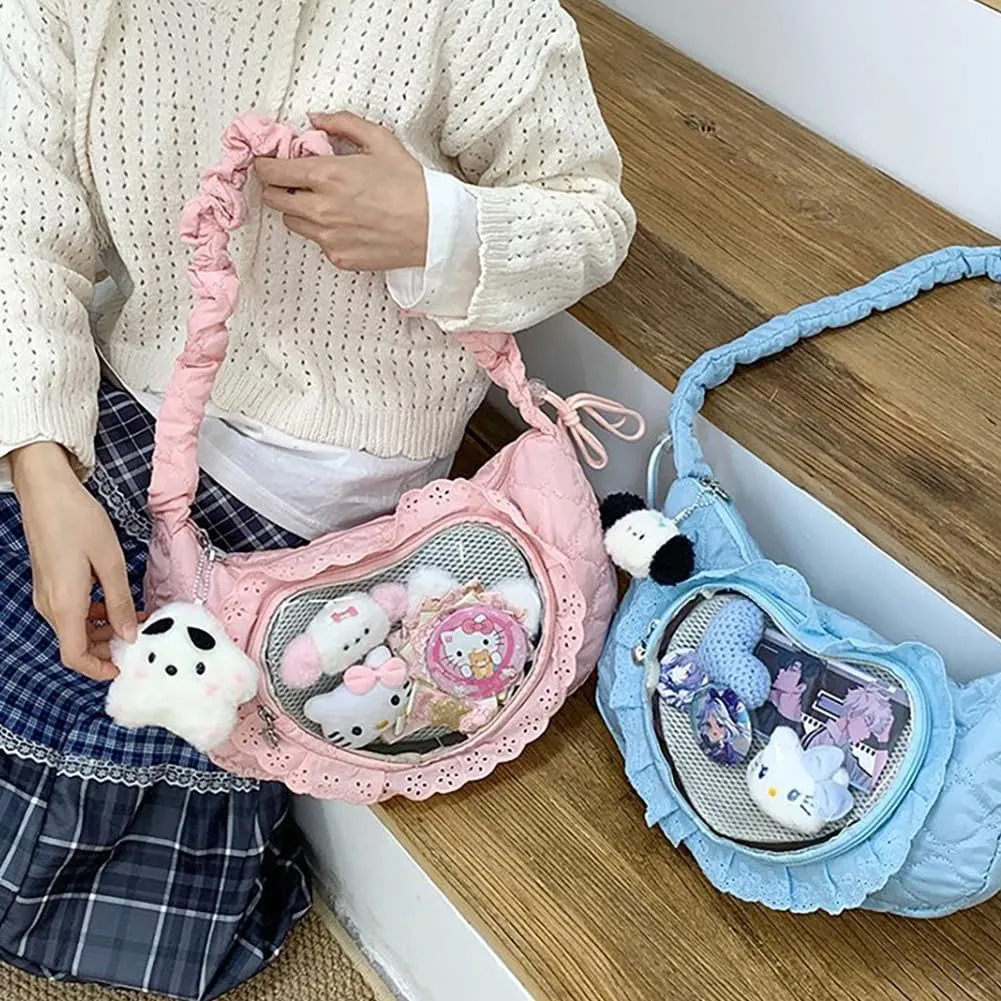 Ita Bag Dumpling Shaped Love Lace Shoulder Bag, Japanese Cute Quilted Satchel Drawstring Crossbody Purse, Clear Window Tote