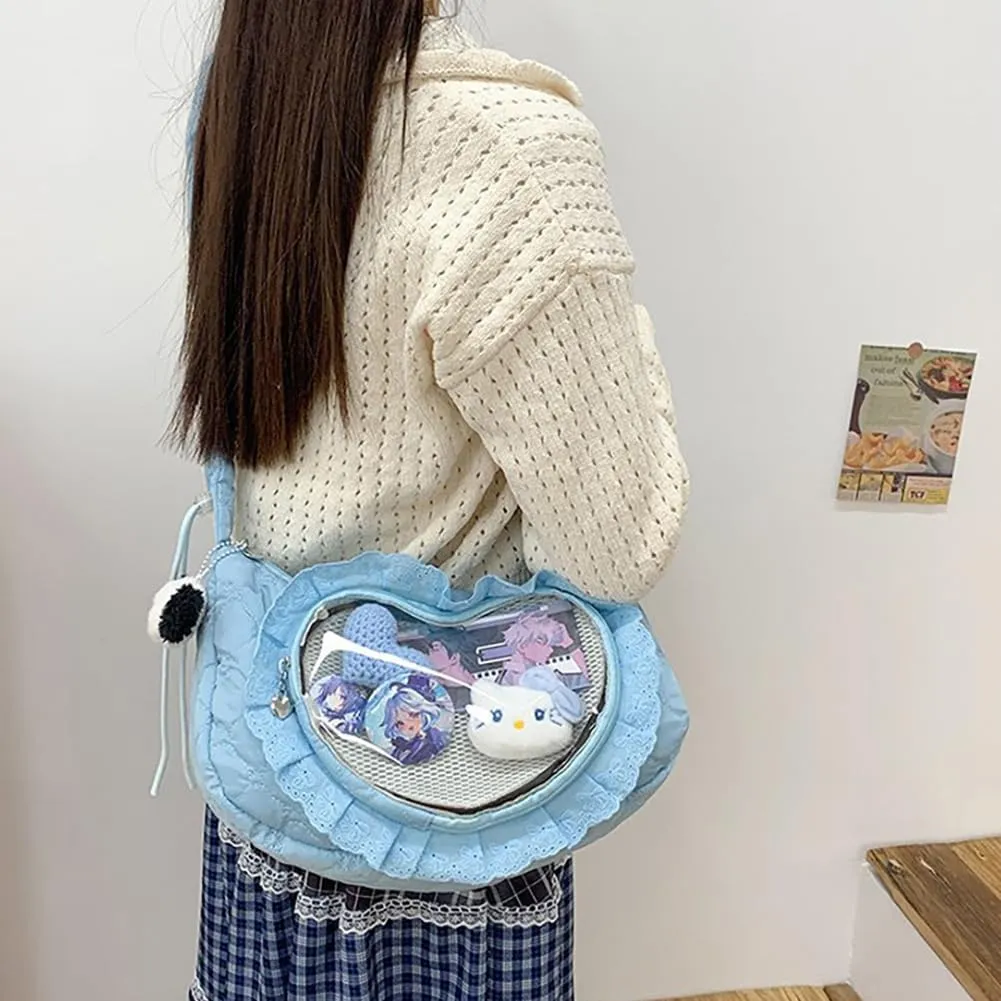 Ita Bag Dumpling Shaped Love Lace Shoulder Bag, Japanese Cute Quilted Satchel Drawstring Crossbody Purse, Clear Window Tote