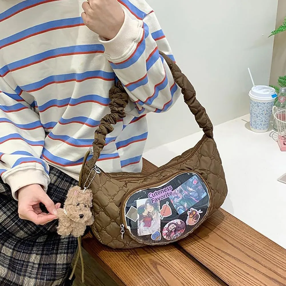 Ita Bag Dumpling Shaped Love Lace Shoulder Bag, Japanese Cute Quilted Satchel Drawstring Crossbody Purse, Clear Window Tote